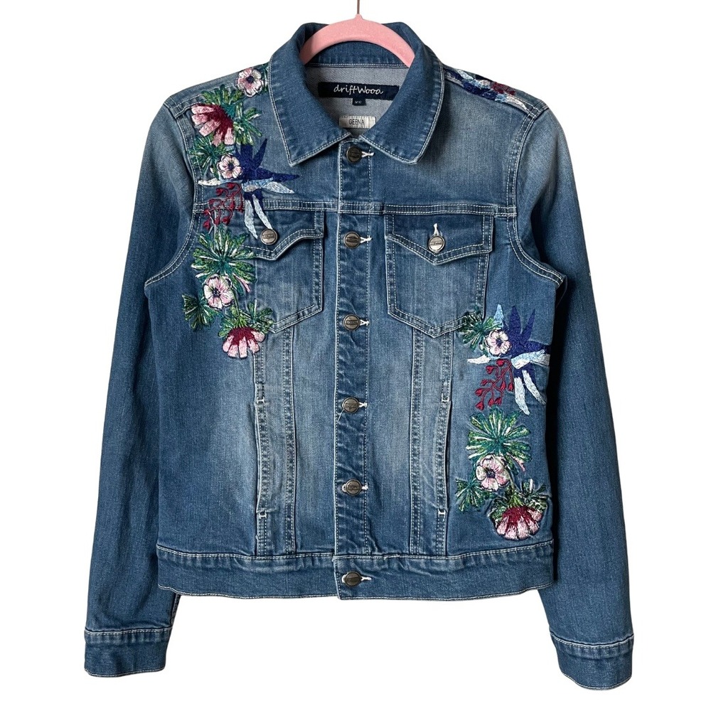 Driftwood Denim‎ Jacket Womens XS Geena Embroidered Floral Trucker Boho Festival